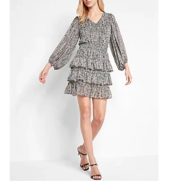Express V-Neck Tiered Skirt Mini Dress - Picture 2 of 7
